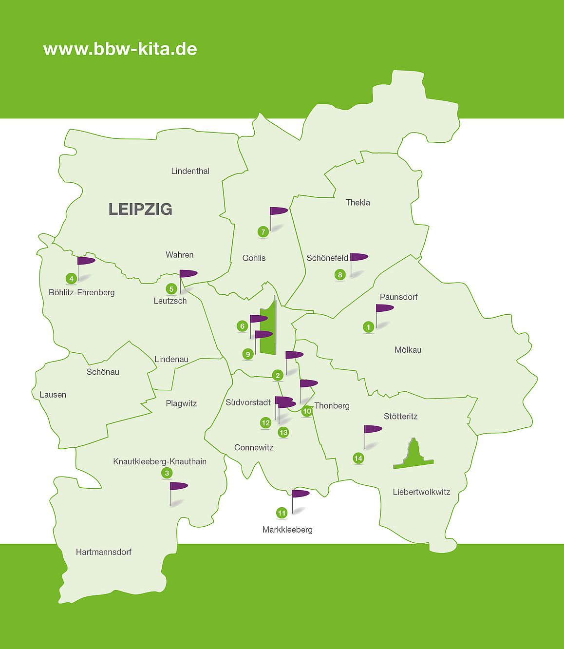 Übersichtskarte von Leipzig mit eingezeichneten BBW-Kita-Standorten