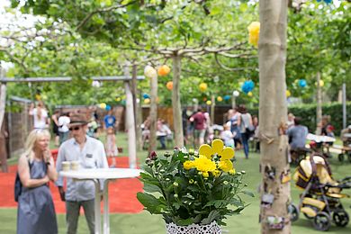 Ein Blick in den Kita-Garten, Blume im Vordergrund