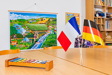 Nahaufnahme eines Tisches mit Xylophon. In der Mitte eine deutsche und eine französische Flagge, im Hintergrund ein großes Plakat mit einer Sommerszene im Park.