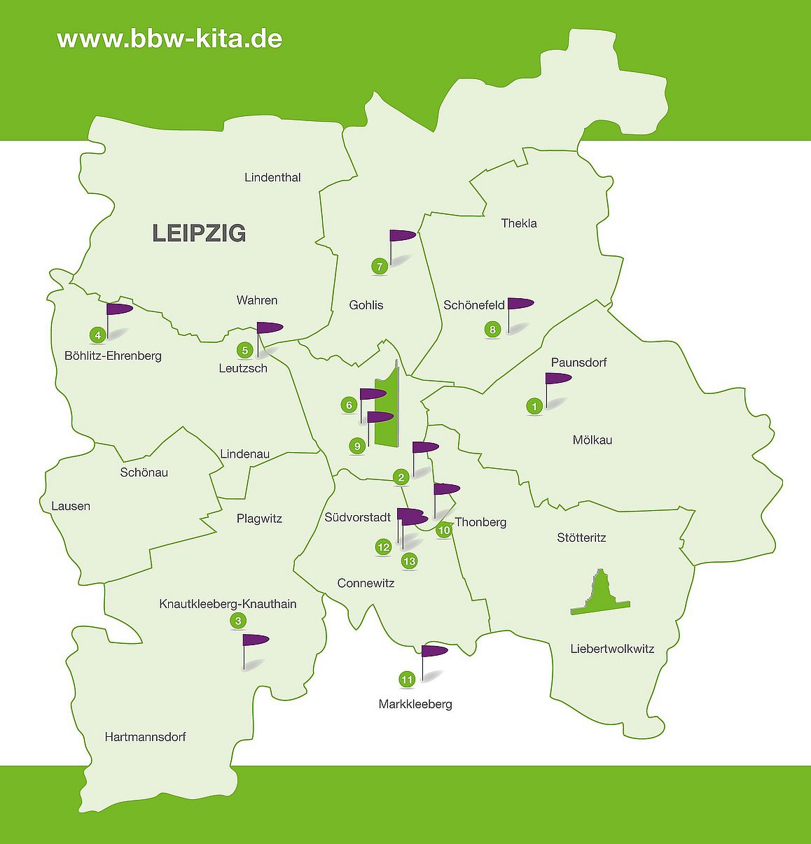 Übersichtskarte von Leipzig mit eingezeichneten Fahnen für die Standorte der BBW-Kindertagesstätten